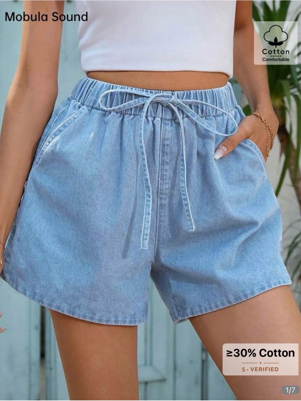 Shein Light Blue Elastic Waist Denim Shorts